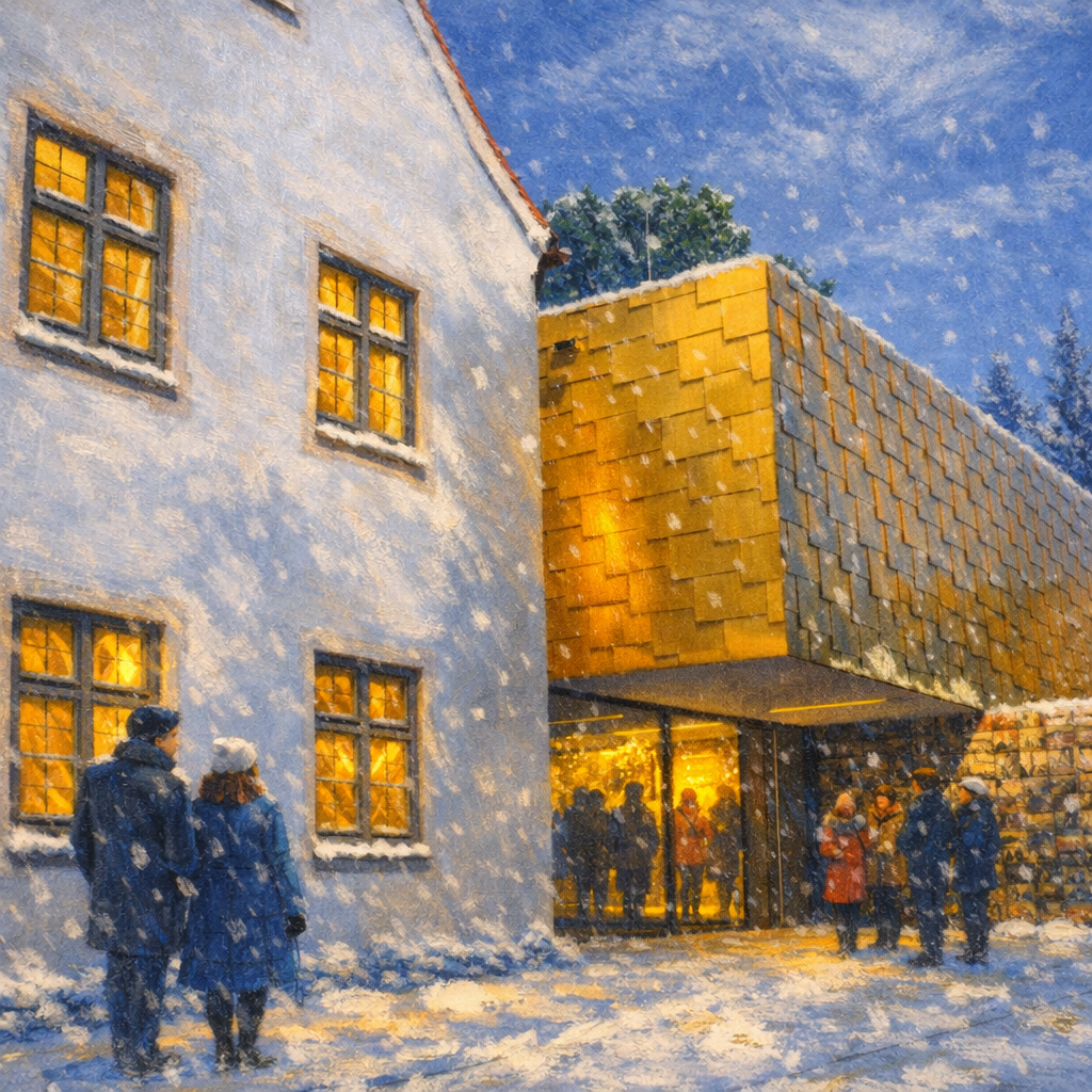 Stilisiertes Bild zeigt Besucher bei Schneefall auf dem Weg ins Museum Erding